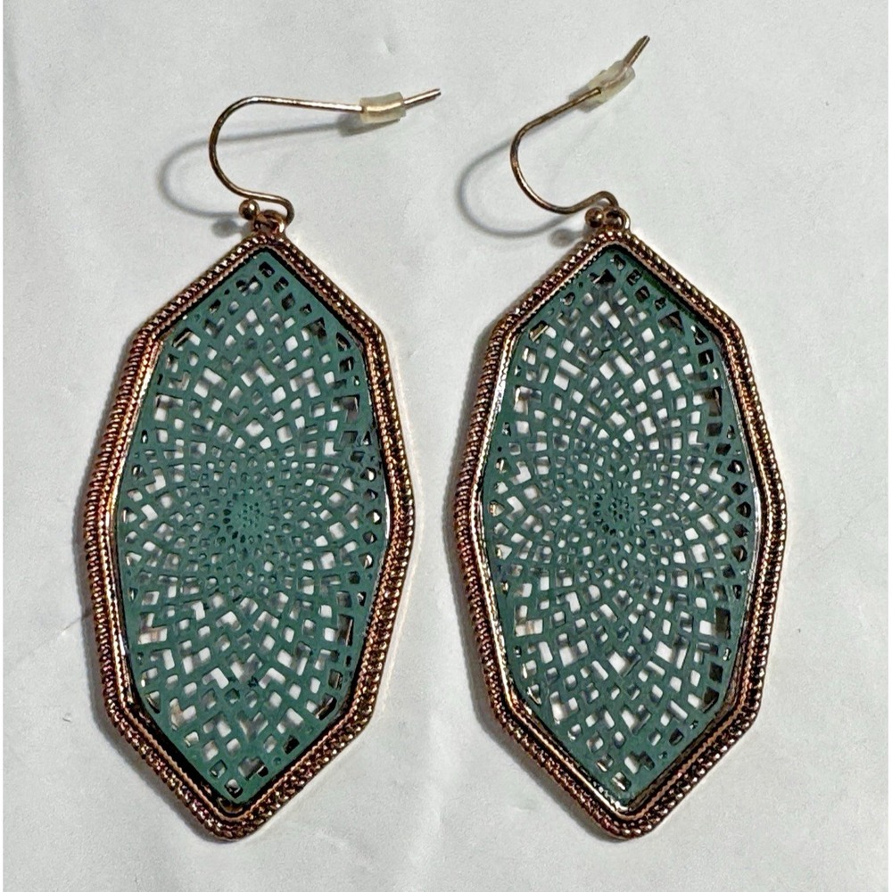 Teal‎ Filigree Drop Earrings Copper Tone Geometric Hexagon Boho Statement 2"